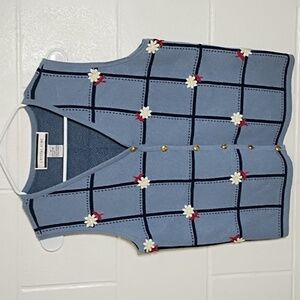 Crystal Kobe 100% Cotton Knit Sweater Vest Denim Blue Navy Gold Buttons